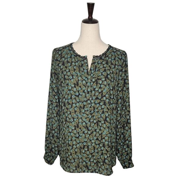Talbots Black Peacock Feather Print Split Button Neck Long Sleeve Blouse Size M - Picture 1 of 9